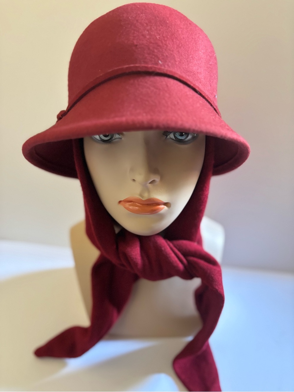 Wool Red Cloche Hat With Attached Scarf Vintage Style